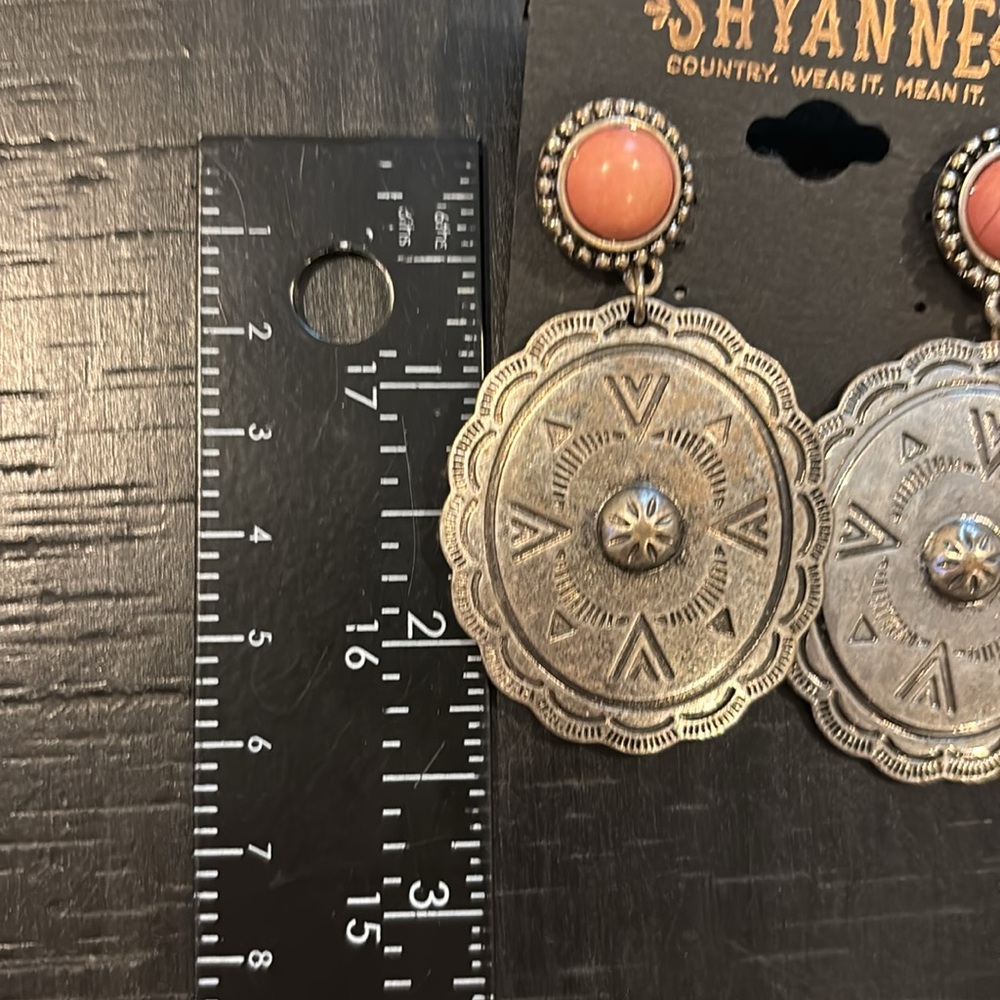Shyanne Coral Pink Stone Silver-Tone Western Medallion Drop Earrings - Picture 4 of 4